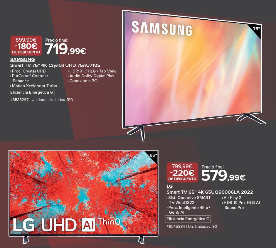 TVs: Samsung Smart TV 75 pulgadas / LG Smart TV 65 pulgadas