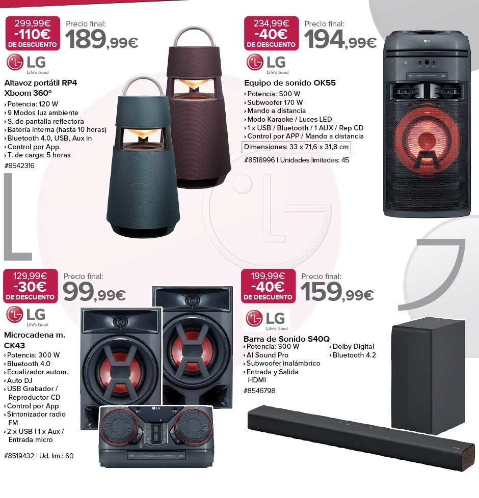 Sonido: altavos portátil Xboom, equipo de sonido OK55, microcadena CK43 y barra de sonido S40Q 