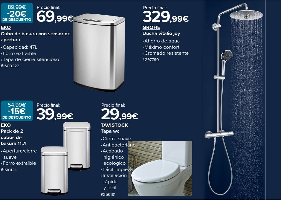 Accesorios baño: EKO Cubos basura / Grohe ducha / Tapa WC