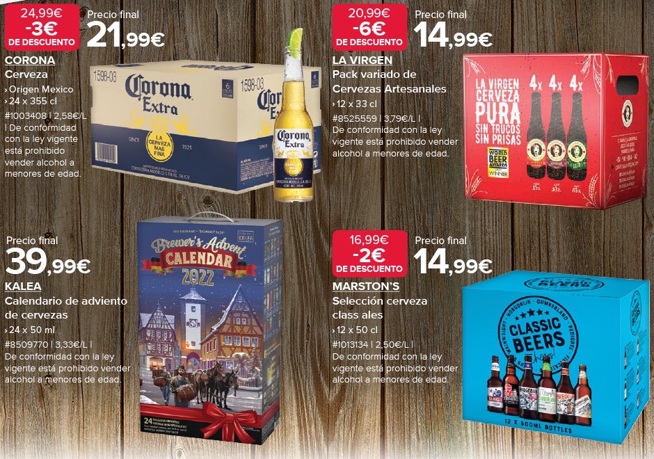 Selección de cervezas: Corona, Kalea, Marston's, La Virgen