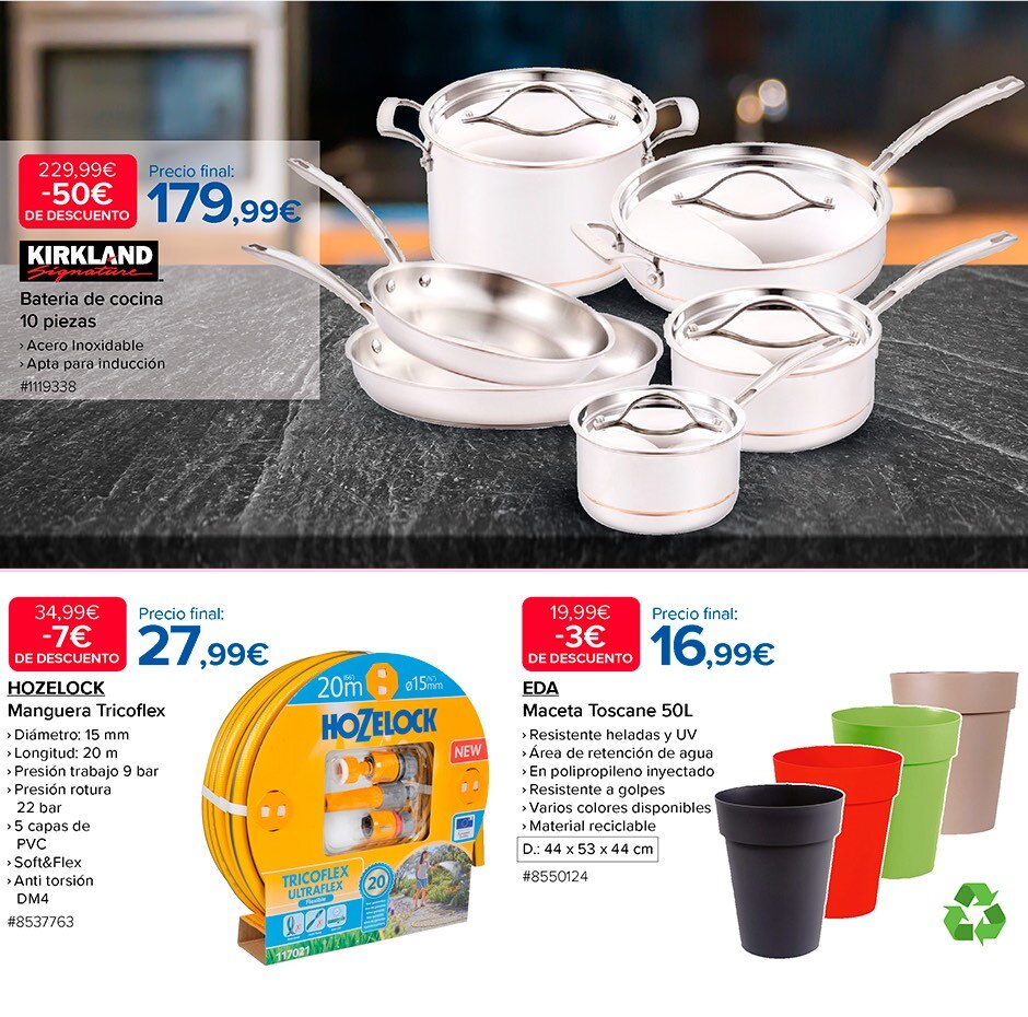 Batería de cocina 10 piezas, de Kirkland signature, manguera Tricoflexy macetas Toscane de 50 litros