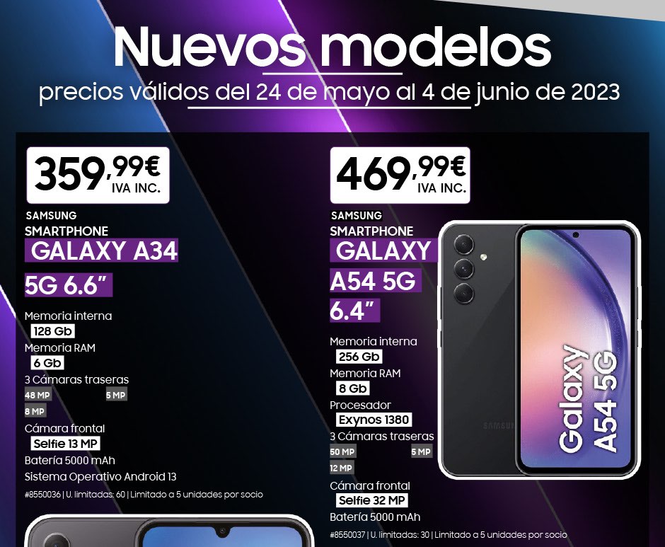 Nuevos modelos: Samsung Galaxy A34 5G 6,6 pulgadas, Galaxy A54 5G, 6,4 pulgadas, 